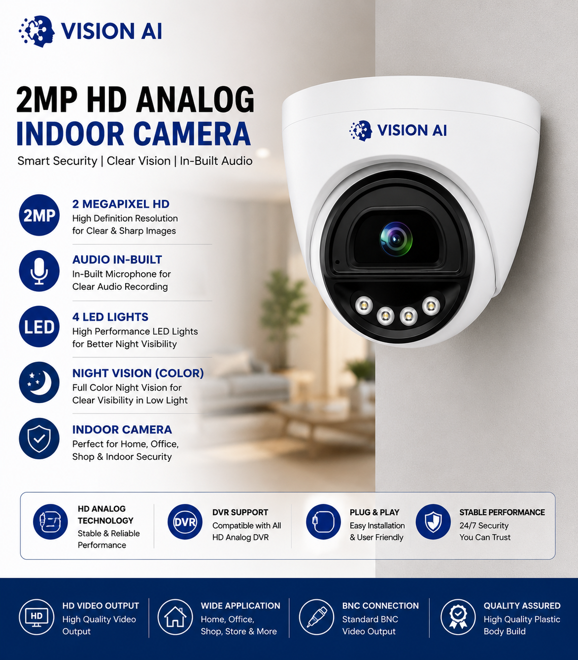 Vision AI 2MP HD Analog Indoor Camera with Built-in Audio, 4 LED Full Color Night Vision